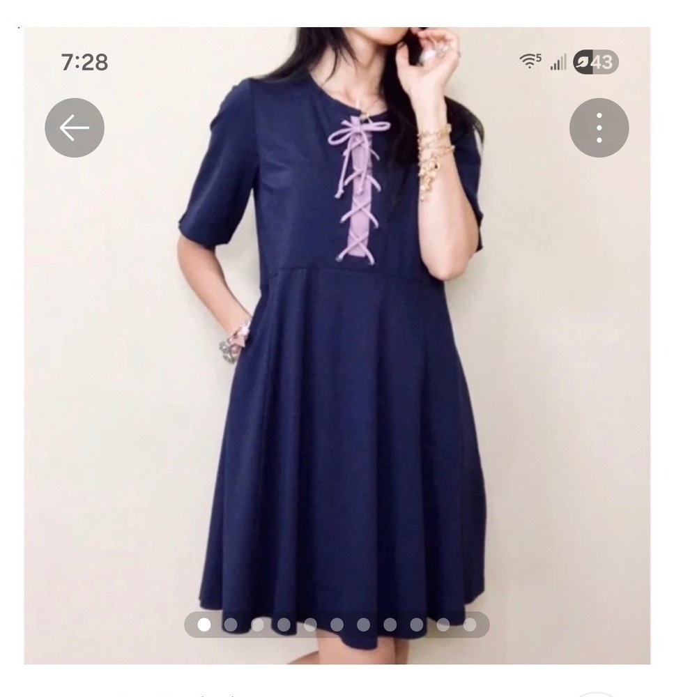 Maeve Anthropologie Navy Blue Lace Up Fit Flare Dress Medium Short Sleeve Knit